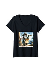 Sea Womens Pirate Panda On Ship Deck. Telescope Ocean Island Ocean View V-Neck T-Shirt