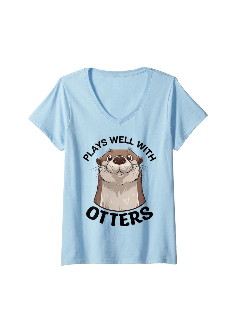 Womens Plays Well With Otters Cute Animal Sea Otter Pun V-Neck T-Shirt