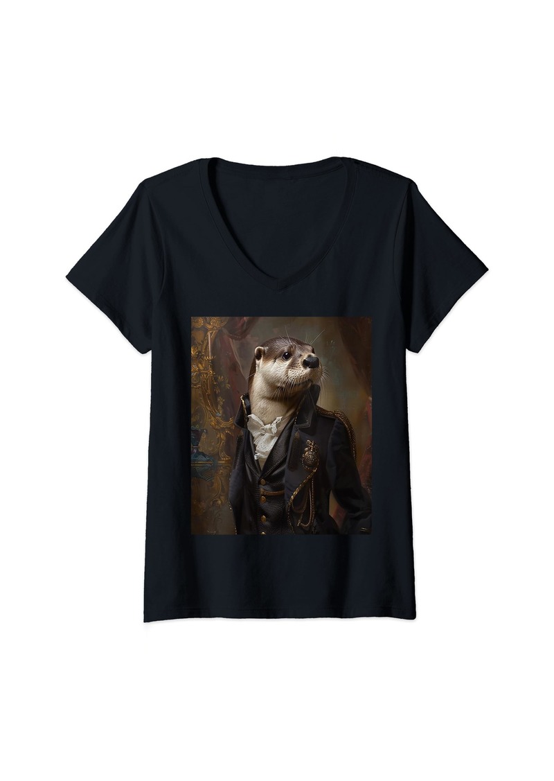 Womens Professional River Sea Otter Wearing Military Uniform Art V-Neck T-Shirt