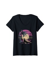 Womens Retro Sunset Sea Lion Seal V-Neck T-Shirt