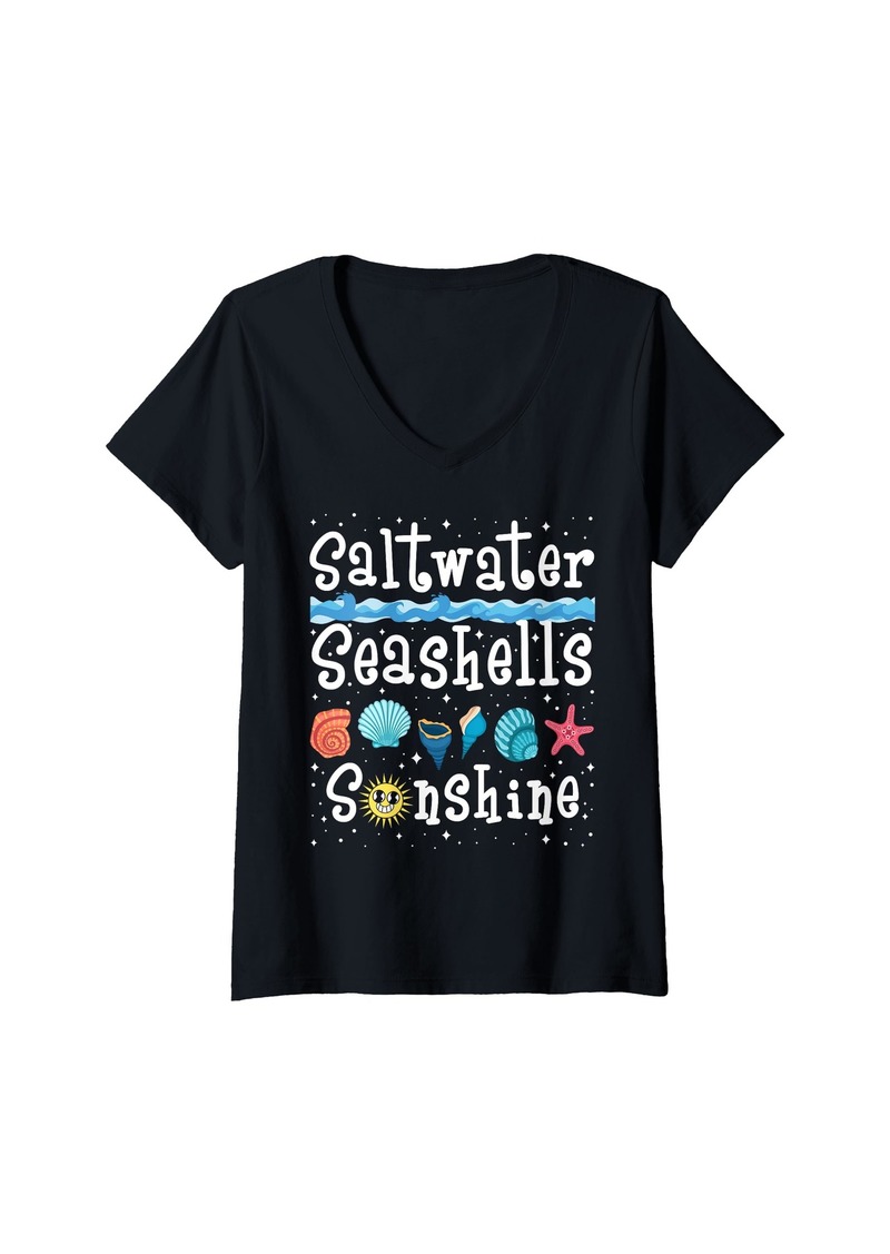 Womens Saltwater. Seashells. Sunshine - Shell Collecting Seashell V-Neck T-Shirt