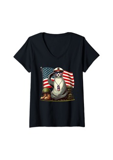 Womens Salute Sea Lion American USA Flag Memorial Day 4th of July V-Neck T-Shirt
