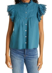 Sea Adrienne Flutter Sleeve Cotton Top in Spruce at Nordstrom