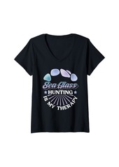 Womens Sea Glass Hunting Is My Therapy - Sea Glass Hunting V-Neck T-Shirt