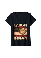 Womens Sea Isle City New Jersey USA Flag 4th Of July V-Neck T-Shirt