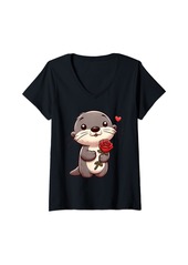 Womens Sea otter and flowers - Sea otter holding a red rose V-Neck T-Shirt