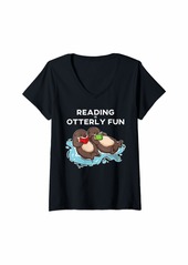 Womens Sea Otter Book Reading Gift Shirt for Bookworm Teachers V-Neck T-Shirt