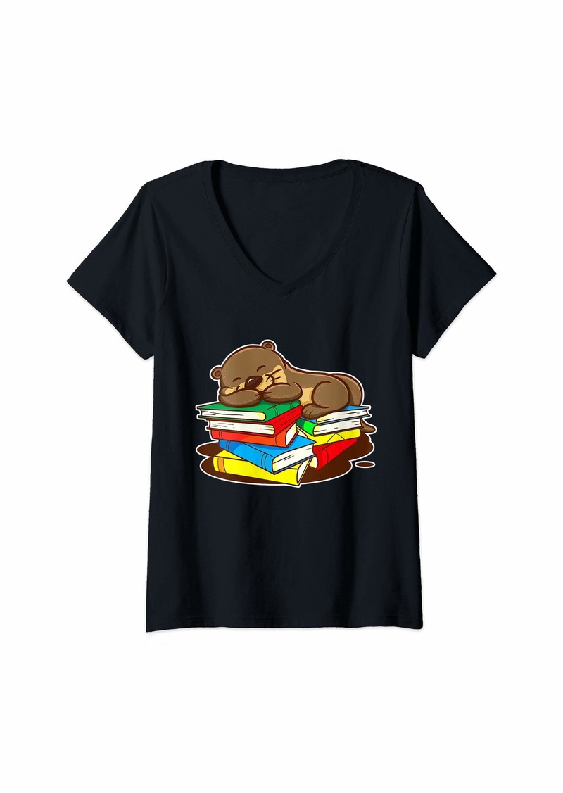 Womens Sea Otter Book Reading Gift Shirt for Bookworm Teachers V-Neck T-Shirt