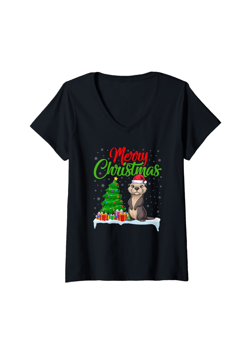 Womens Sea Otter Christmas Tree Lights Funny Xmas Sea Otter Lover V-Neck T-Shirt