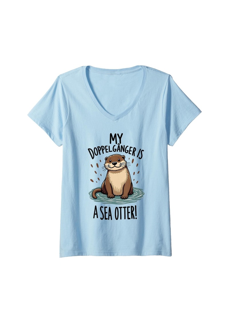 Womens Sea Otter Doppelgänger Animal Lover Design V-Neck T-Shirt