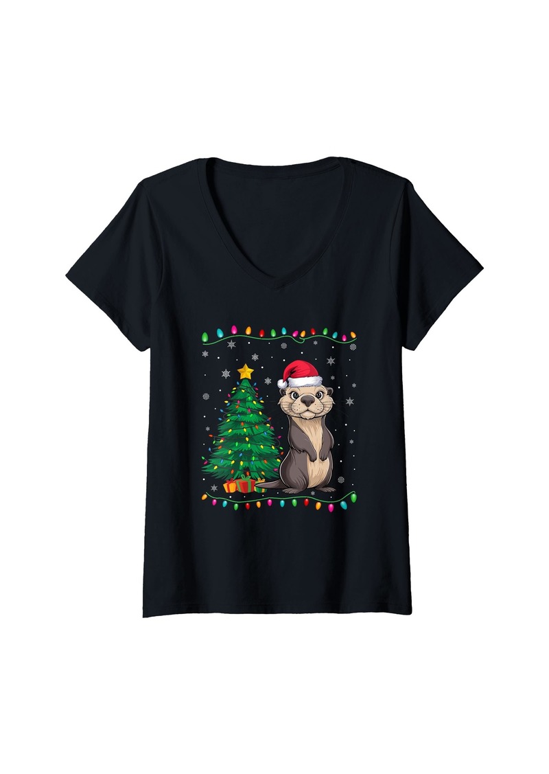 Womens Sea Otter Santa Hat Men Women Kids Christmas Tree Lights V-Neck T-Shirt