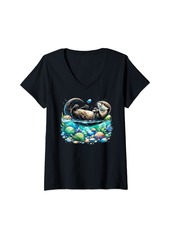 Womens Sea Otters Watercolor - Sea Shell Ocean - Otter Day Lover V-Neck T-Shirt