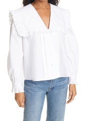 Sea Pleated Button-Up Blouse