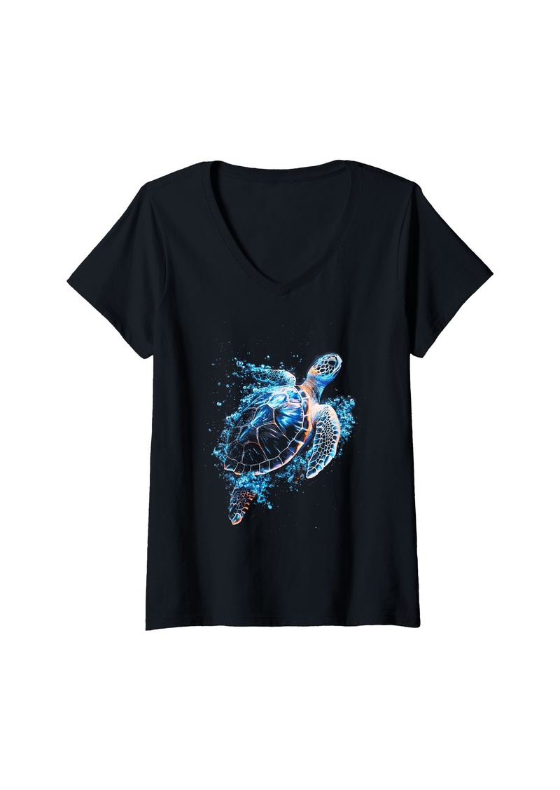 Womens Sea Swimming Turtle Blue Underwater Ocean Animal V-Neck T-Shirt