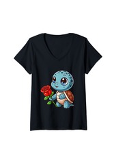 Womens Sea turtle and flowers - Sea turtle holding a red rose V-Neck T-Shirt