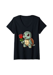 Womens Sea turtle and flowers - Sea turtle holding a red rose V-Neck T-Shirt