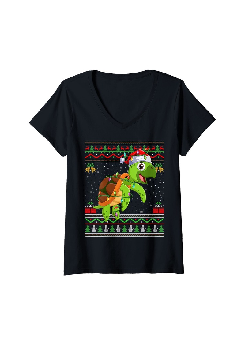 Womens Sea Turtle Christmas Lights Santa Ugly Sweater Xmas V-Neck T-Shirt