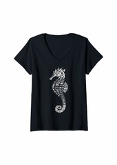Womens Seahorse Print Style Retro Themed Seahorses V-Neck T-Shirt