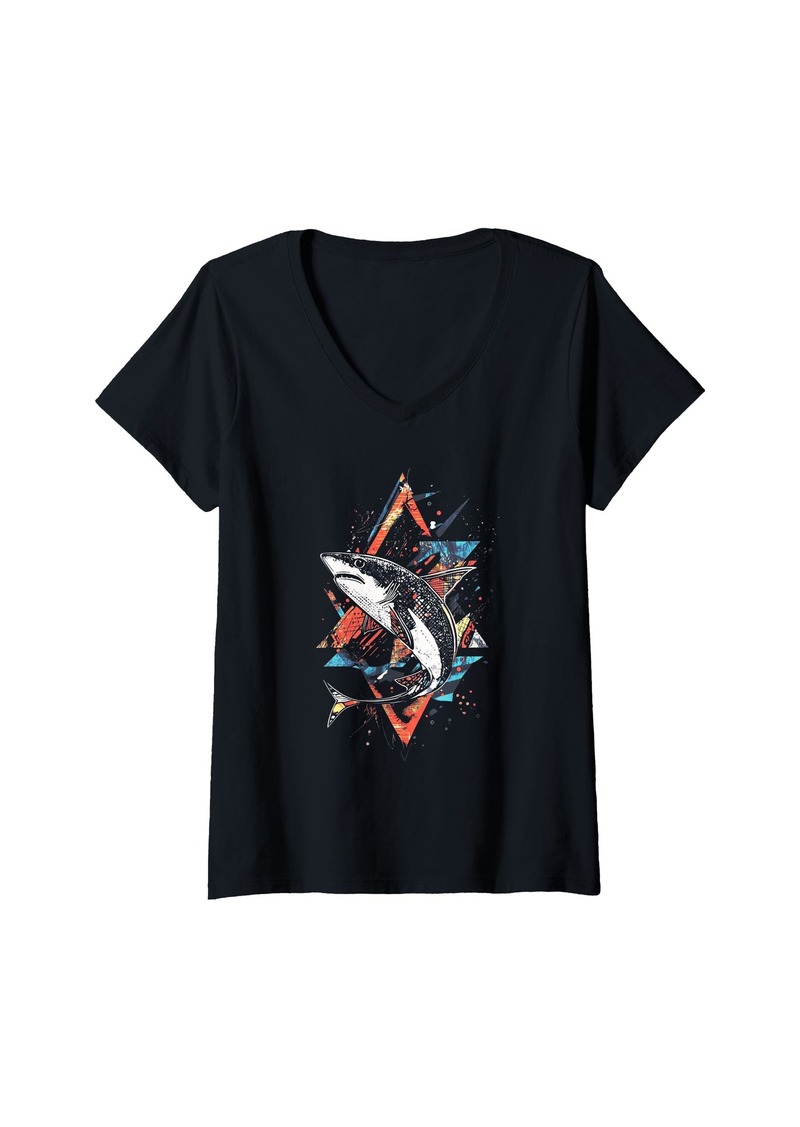 Sea Womens Shark Geometric Patterns Abstract art Ocean life V-Neck T-Shirt