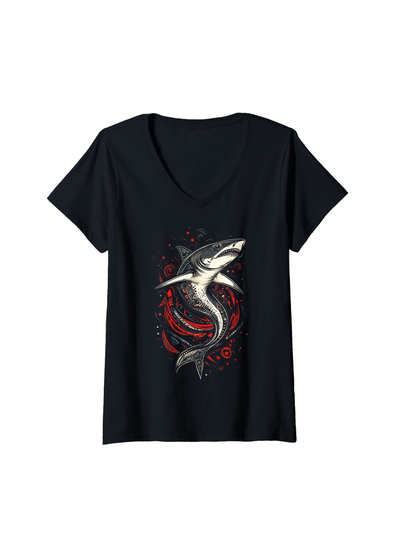 Sea Womens Shark Tribal Ocean Marine life Great Aquatic V-Neck T-Shirt