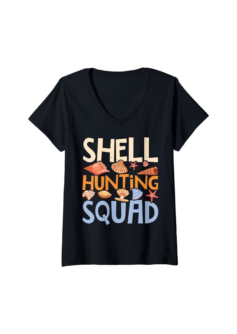 Womens Shell Hunting Squad - Shell Collecting Seashell V-Neck T-Shirt