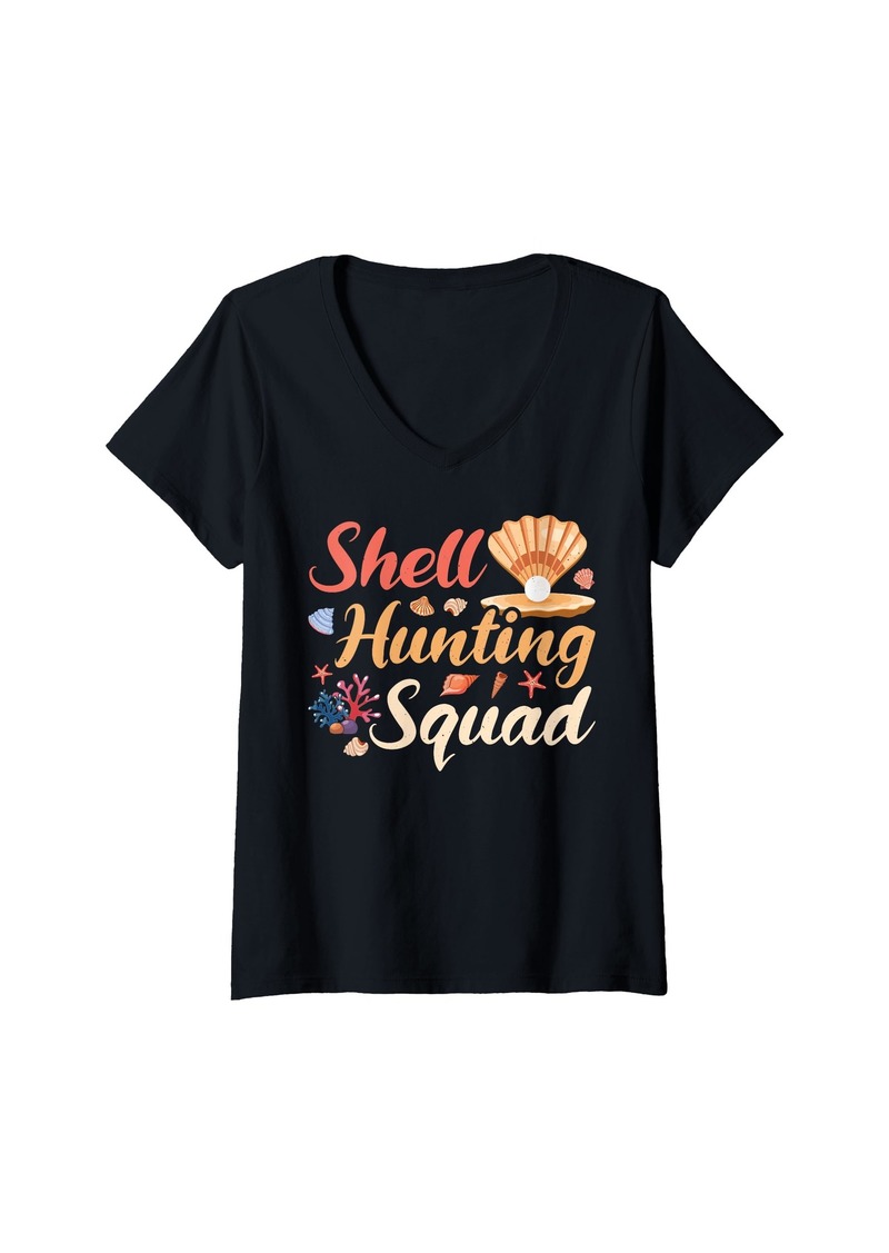 Womens Shell Hunting Squad - Shell Collecting Seashell V-Neck T-Shirt