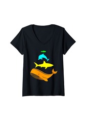 Womens Stacked Sea Animals Vintage Bright Color Silhouettes Retro V-Neck T-Shirt