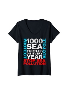 Womens Stop Sea Pollution Protect Recycle Statistics Save Turtles V-Neck T-Shirt