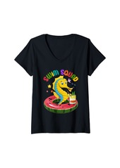 Womens Swim Squad Cute Seahorse Drinking On Cruise Ship Colorful V-Neck T-Shirt