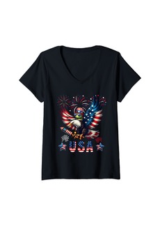 Sea Womens USA 4th Of July Turtle Riding Eagle Fireworks Patriotic V-Neck T-Shirt