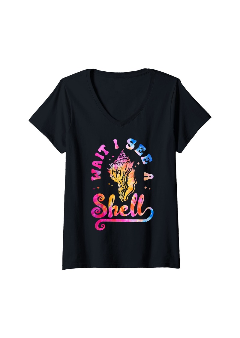 Womens Wait I See A Shell - Shell Collecting Seashell V-Neck T-Shirt