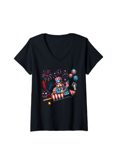 Sea Womens Walrus Riding Firecracker US Flag 4th Of July Fireworks V-Neck T-Shirt