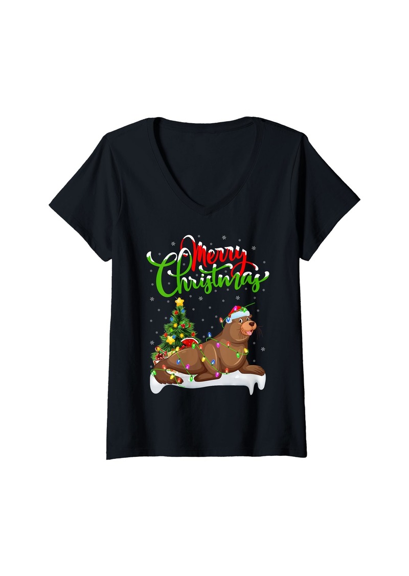 Womens Xmas Tree Lighting Santa Hat Sea Lion Christmas V-Neck T-Shirt