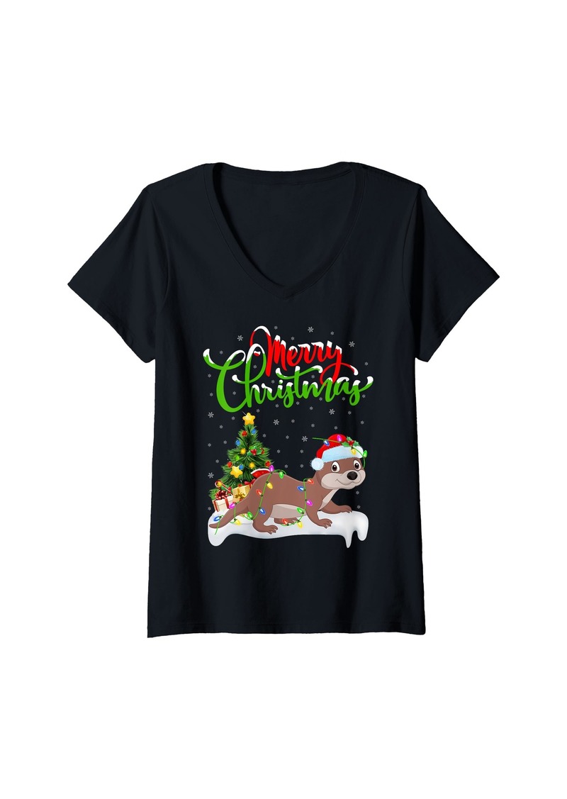 Womens Xmas Tree Lighting Santa Hat Sea Otter Christmas V-Neck T-Shirt