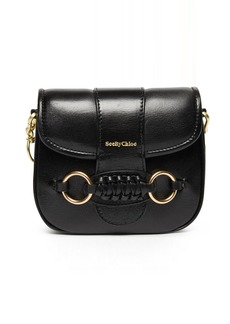 See by Chloé Saddie Gold Tone Logo Foldover Top Leather Shoulder Handbag In Black