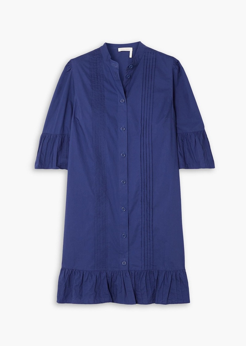 See by Chloé - Ruffled pintucked cotton-poplin mini dress - Blue - FR 36