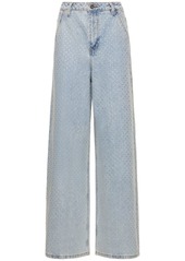 Self Portrait Embellished Cotton Denim Wide Jeans