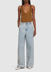 Self Portrait Embellished Cotton Denim Wide Jeans