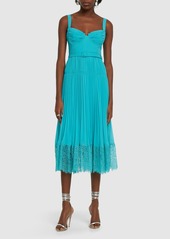 Self Portrait Pleated Chiffon Midi Dress W/lace