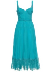 Self Portrait Pleated Chiffon Midi Dress W/lace