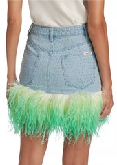 Self Portrait Rhinestone & Feather Denim Miniskirt