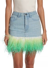 Self Portrait Rhinestone & Feather Denim Miniskirt