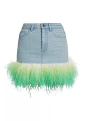 Self Portrait Rhinestone & Feather Denim Miniskirt