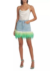 Self Portrait Rhinestone & Feather Denim Miniskirt