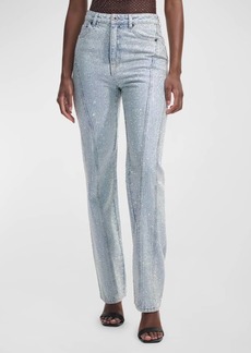 Self Portrait Rhinestone-Embellished Straight-Leg Denim Jeans