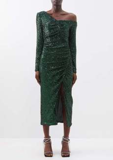Self Portrait Self-portrait - Off-the-shoulder Asymmetric Sequinned Dress - Womens - Dark Green