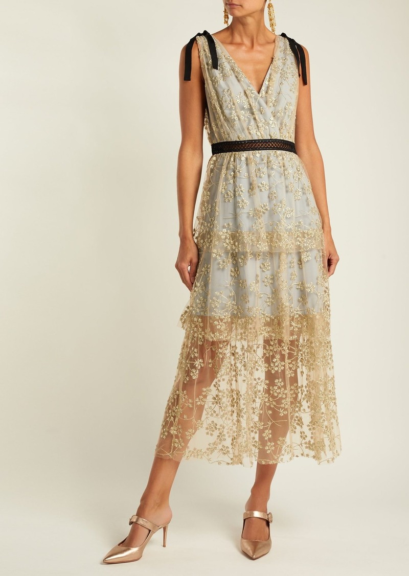 embroidered mesh midi dress