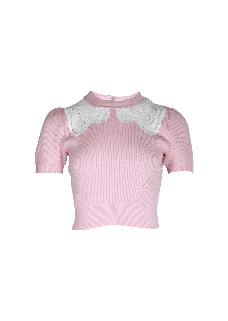 Self Portrait Self-Portrait Lace-Insert Knitted Top in Light Pink Cotton