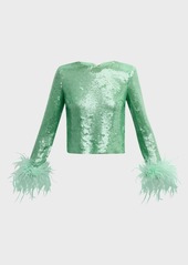 Self Portrait Sequin Long-Sleeve Feather-Cuff Top