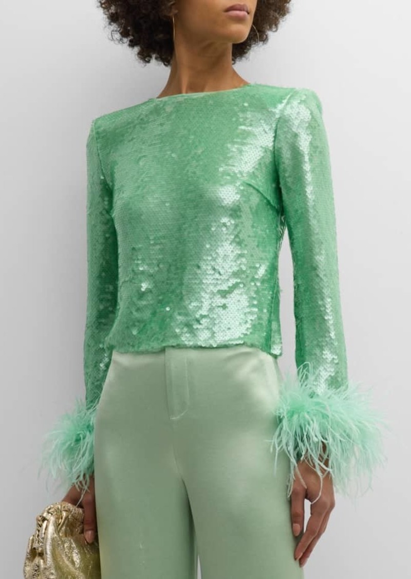 Self Portrait Sequin Long-Sleeve Feather-Cuff Top
